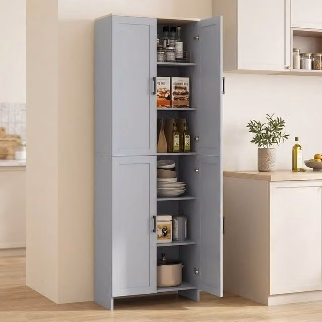 STILVORA Modern Grey Kitchen Storage Tall Unit with 4 Hinged Doors and Internal Shelves, H 170.5 x W 60.0 x D 30.0 cm