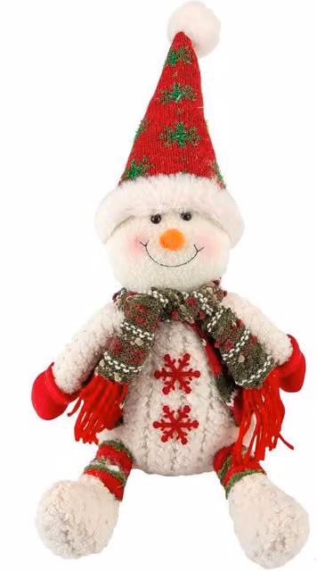 VFM e-Store Christmas Sitting Snowman Plush Decoration, White and Green, H 19 cm x W 22.5 cm