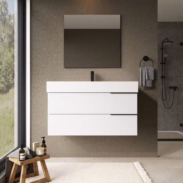 Banyetti Celtic Wall Hung Bathroom Vanity Unit with Veneto 1 Tap Hole Basin, Gloss White, W: 100 cm, D: 45 cm, H: 48 cm