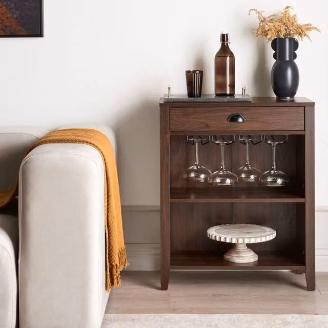 Wyld and Coco Dark Brown Rustic Sideboard with 1 Drawer, 2 Shelves and Glass Holder – 1