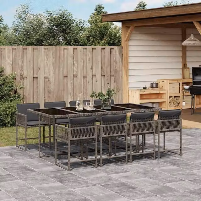 Berkfield Home 9 Piece Grey Poly Rattan Garden Dining Set with Cushions