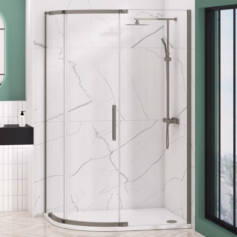 Royal Bathrooms Chelsea Single Door Offset Quadrant Shower Enclosure with Mineral Cast Stone Tray, 8mm Easy Clean Clear Glass, Height: 195 cm, Gun Metal Grey