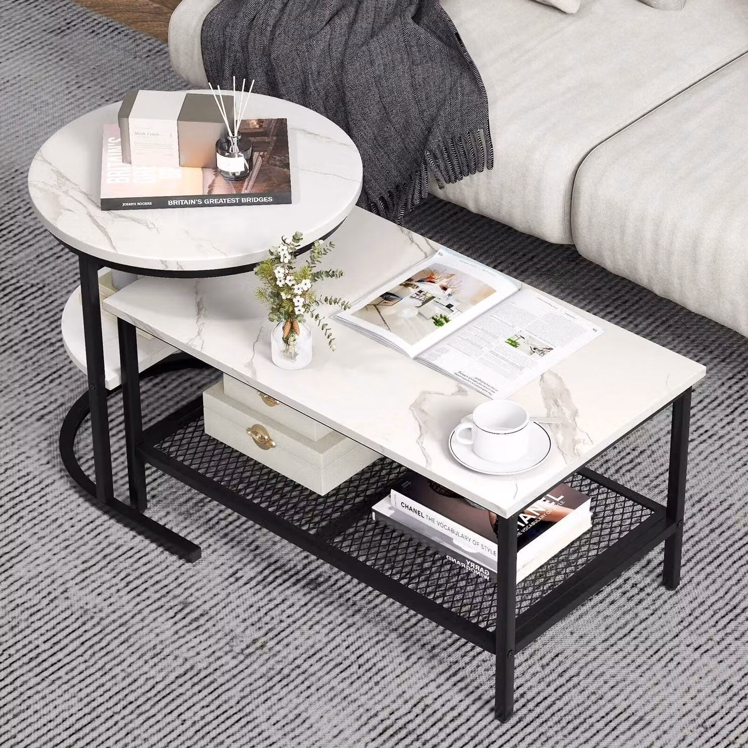 Costway Set of 2 Black Faux Marble Nesting Coffee Tables with 2-Tier Detachable Round Tops – 3