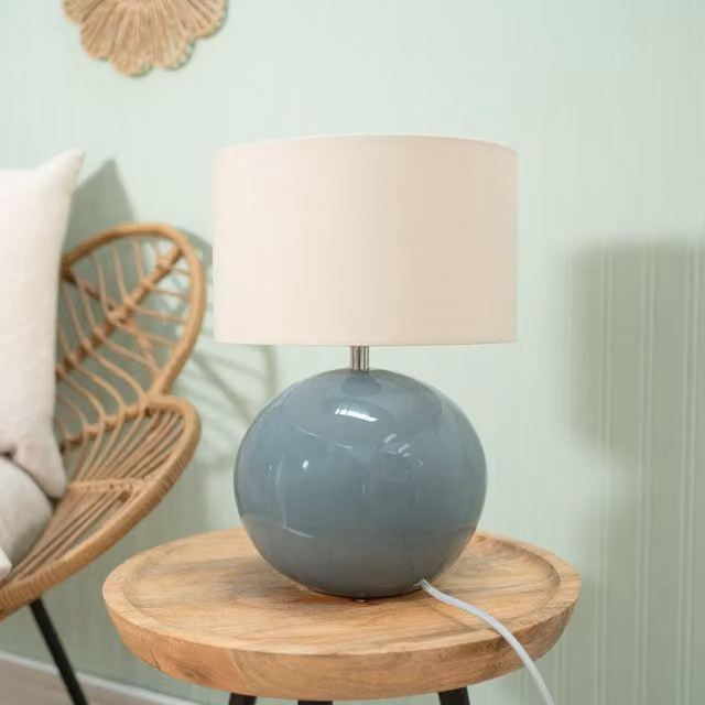 ValueLights Bosco Eucalyptus Ceramic Table Lamp with Fabric Cylinder Shade in Green, Yellow or Beige