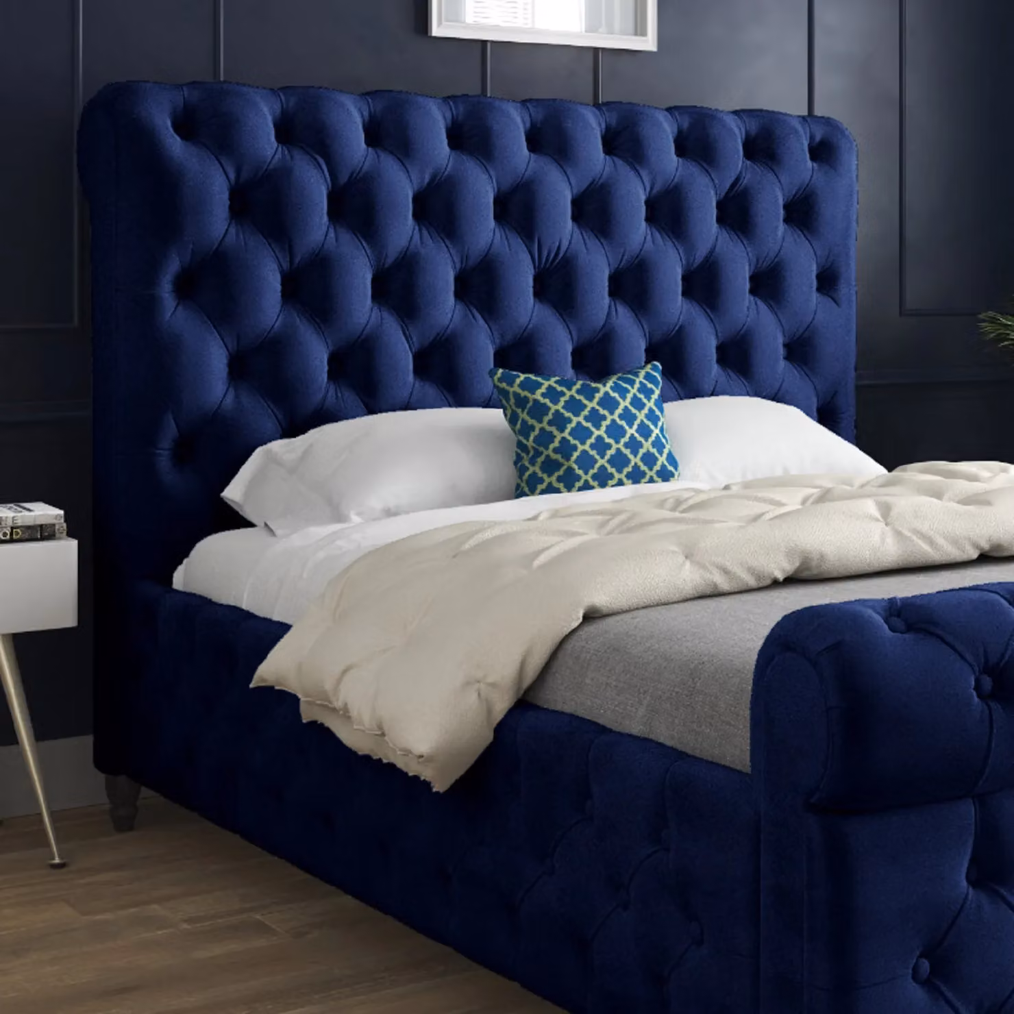 Casani Savana Sleigh Upholstered Soft Velvet Bed Frame in Blue, W/D/H: 120 x 200 cm – 2