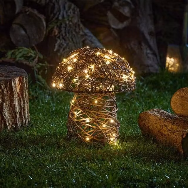 InLit Marco Paul LED Mushroom Garden or Home Light in Brown Rattan, Height: 21 cm