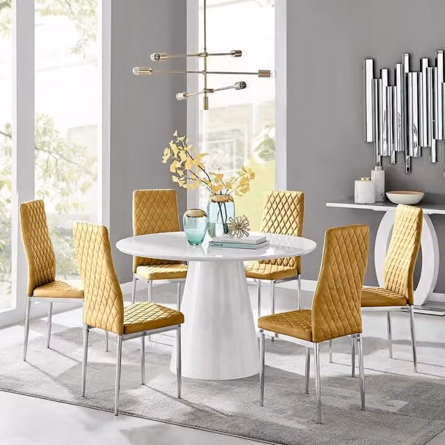 FurnitureboxUK Palma White High Gloss Round Dining Table and 6 Mustard Velvet Milan Chairs