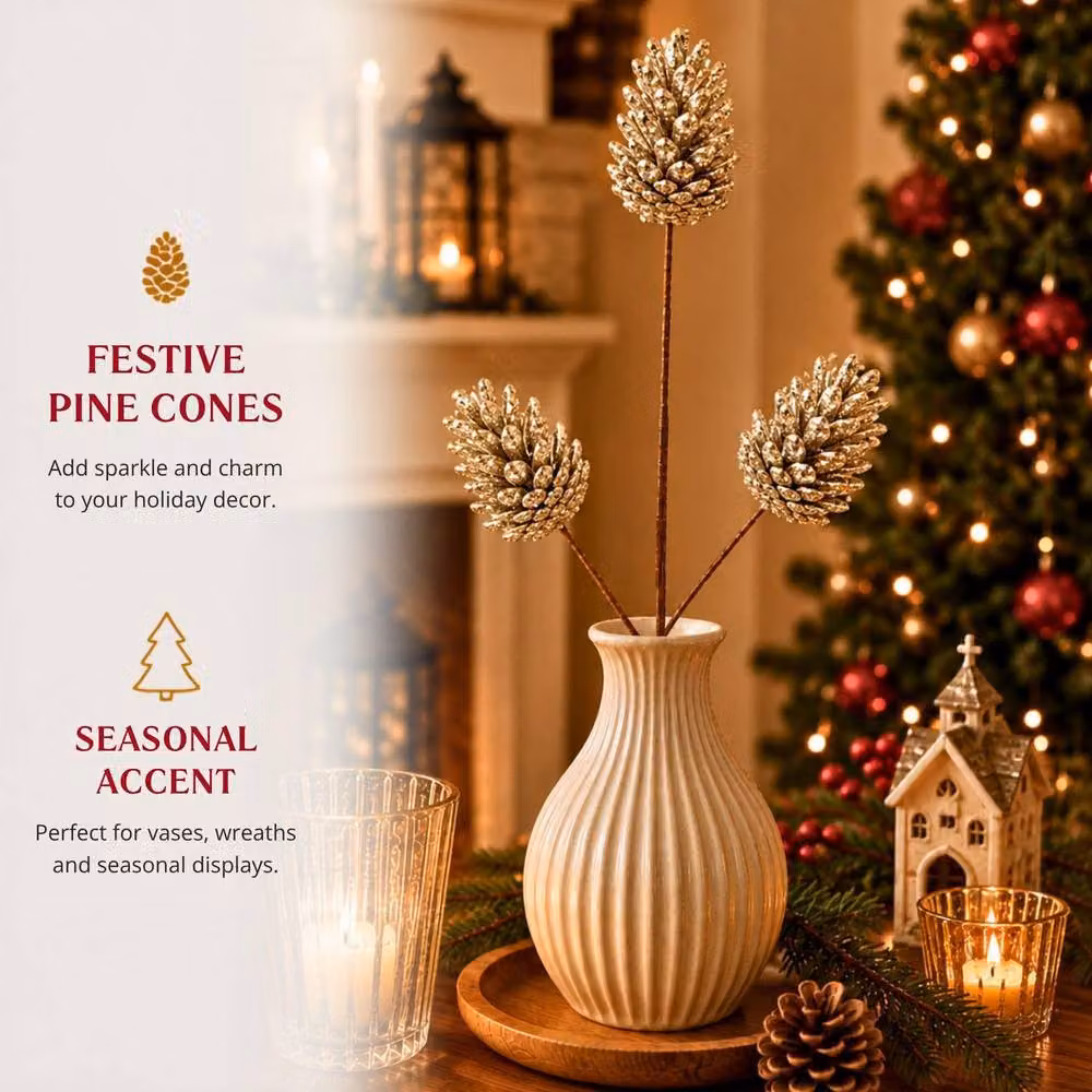 Shatchi Gold Glitter Champagne Pine Cone Christmas Picks, 12 Pack, Length: 58 cm – 6