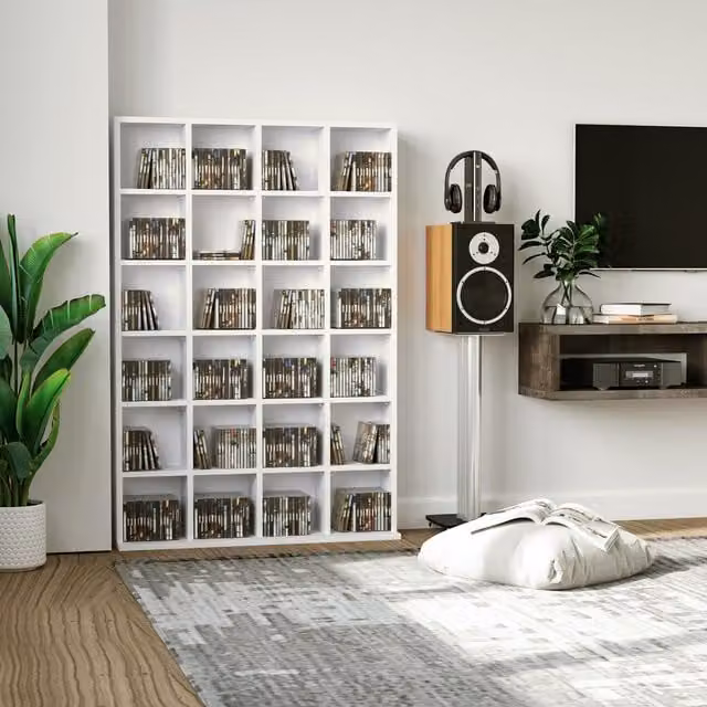 HOMCOM Modern White Media Storage Shelf Unit with Adjustable Shelves and Back Panel