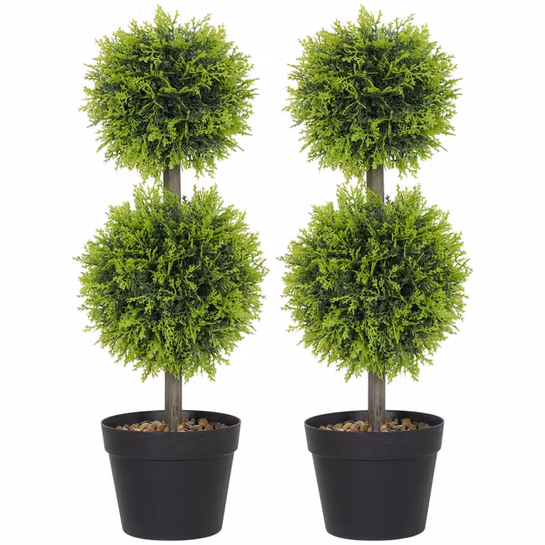 HOMCOM Set of 2 Green Artificial Round Cypress Ball Topiary Trees with Pots and Pebbles