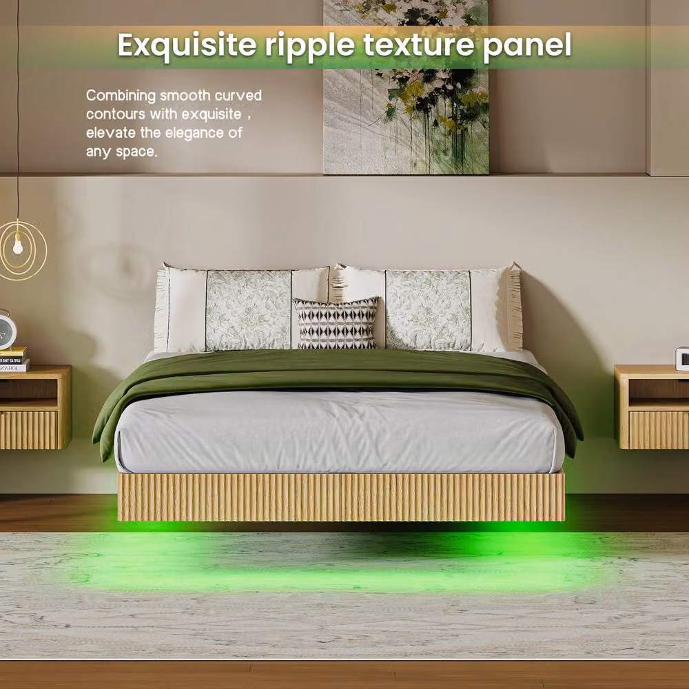Matteo Modern Floating Bed in Brown Natural Fluted Wood and Metal, W/D/H: 140 x 200 cm – 2