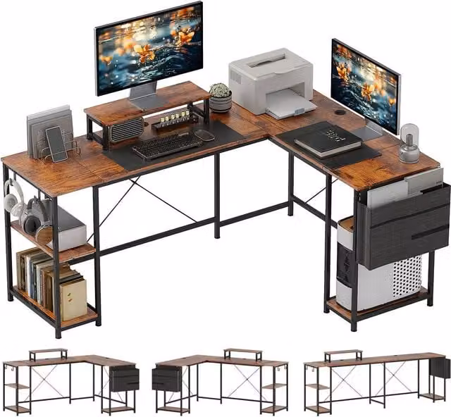 Rolipo Reversible L-Shaped Corner Computer Desk with Shelf and Monitor Stand, Brown – 1