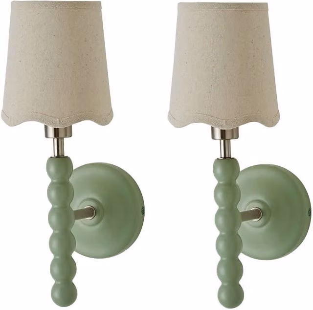 ValueLights Bobbins Pair of Green Wall Lights with Fabric Shades – 1