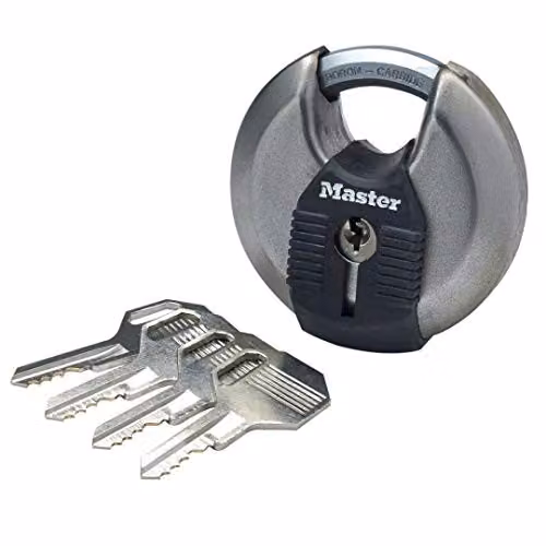 Master Lock Heavy Duty Disc Padlock in Silver Stainless Steel with Closed Shackle