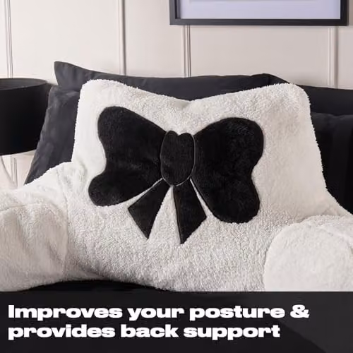 OHS Embroidered Bow Cuddle Cushion in Black and White Teddy Fleece Reading Pillow for Adults W/D/H: 65 x 40 x 40 cm – 4