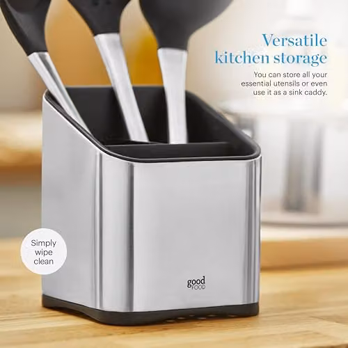 Tower GF826192 Stainless Steel Utensil Holder with Silicone Anti-Slip Base in Grey and Silver – 8