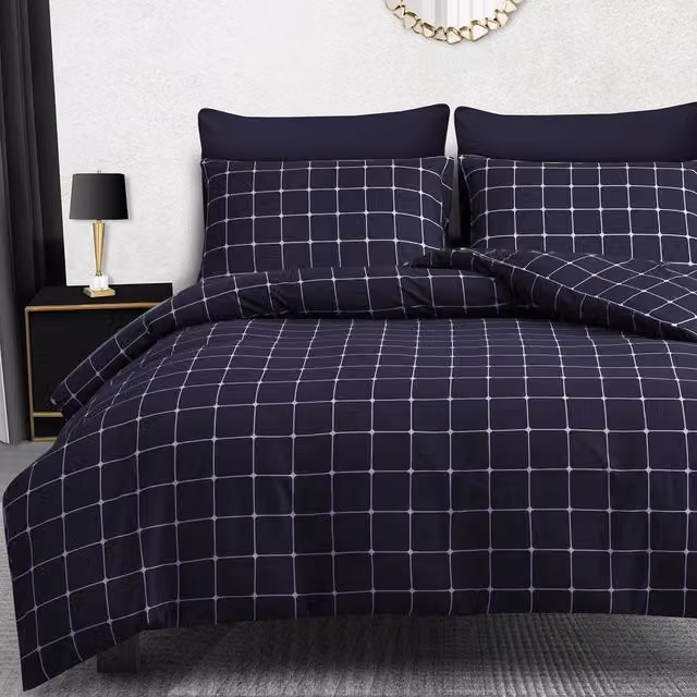 Pamposh Navy Blue Checked Microfibre Duvet Cover Set with Matching Pillowcases, W: 180 cm x D: 200 cm – 1
