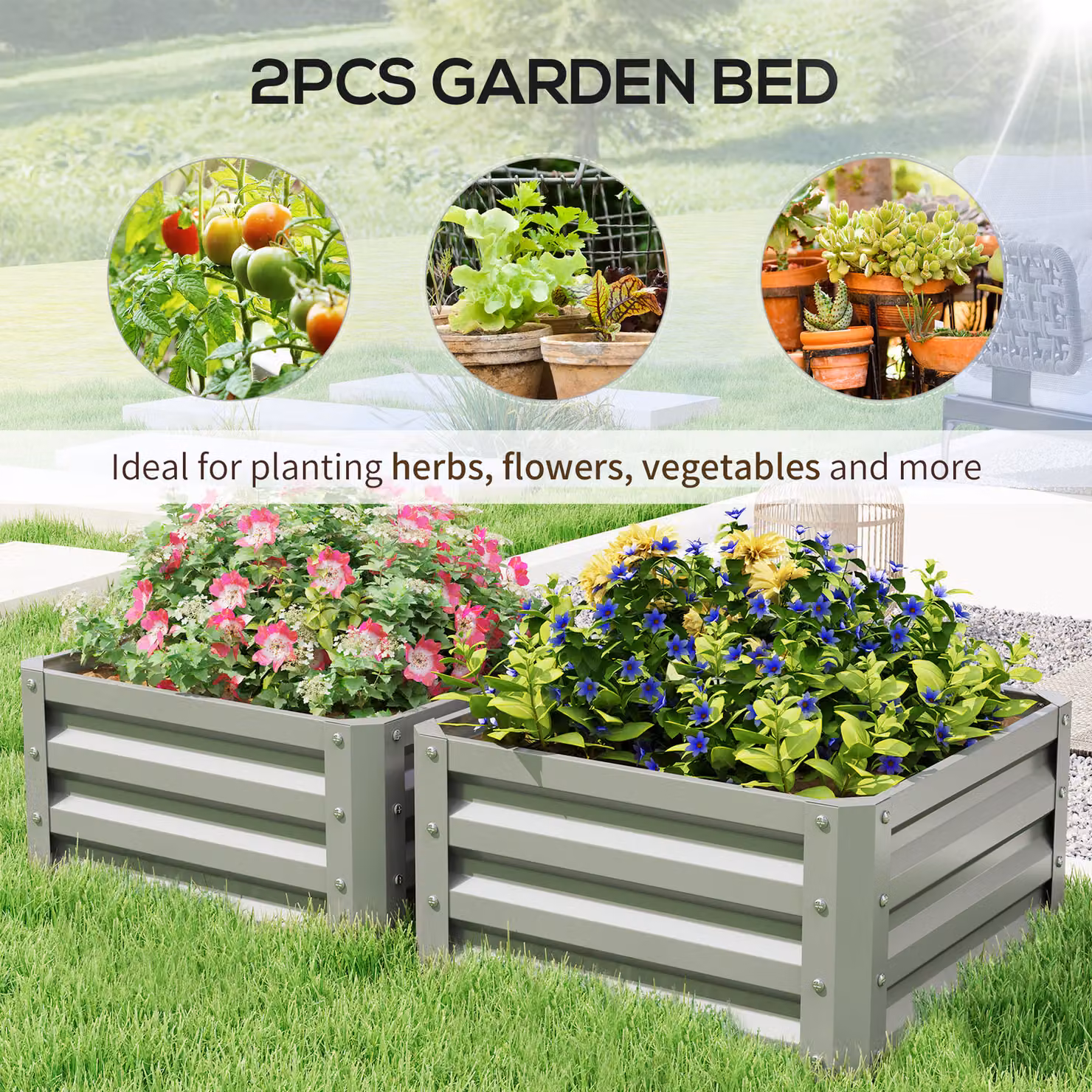 Outsunny Set of Two Grey Galvanised Steel Raised Planter Boxes, W/D/H: 60 x 60 x 30.5 cm – 3