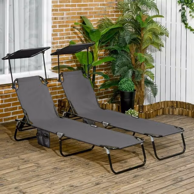 Outsunny Set of Two Grey Folding Sun Loungers with Adjustable Backrest, Sun Canopy and Powder Coated Steel Frame