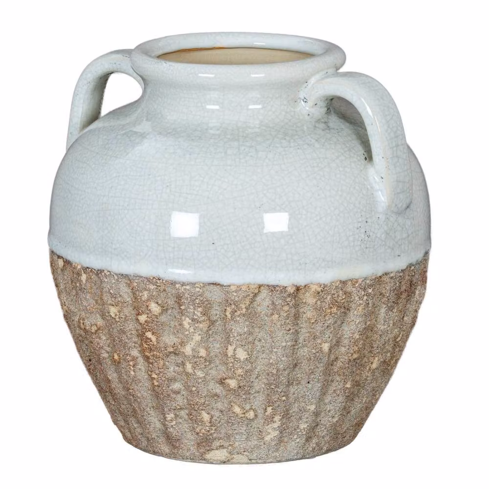 Wyld Haus Stonewild Medium Amphora White and Sand Textured Ceramic Tabletop Vase with Handles, H 22.0 cm x W 21.0 cm x D 21.0 cm – 2