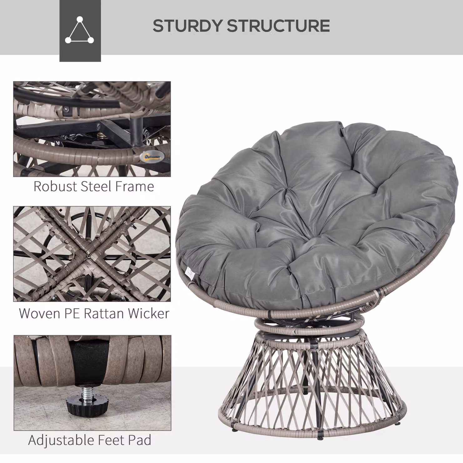Outsunny 360 Degree Swivel Rattan Papasan Moon Bowl Chair with Padded Cushion in Grey – 5