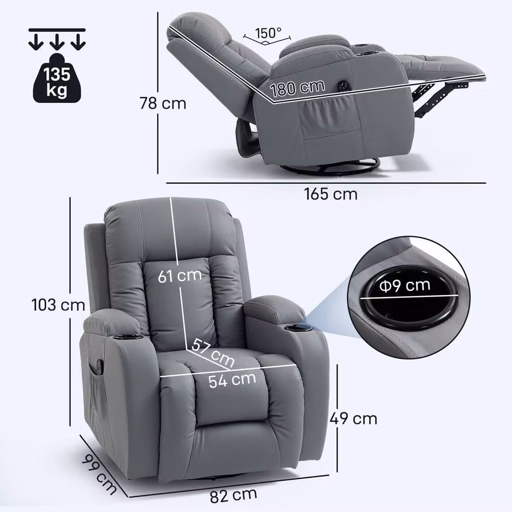 HOMCOM Grey Massage Recliner Armchair with 8 Vibration Modes and Heat Function – 3
