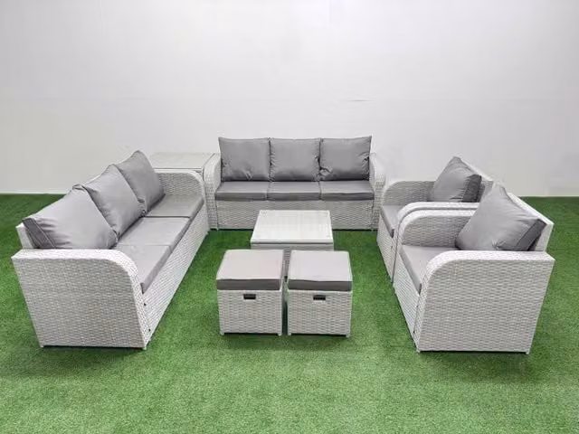 Fimous PE Rattan High Back Lounge Sofa Set in Light Grey with 3 Seater Sofa, Reclining Chair, Stools, Side Table and Square Coffee Table