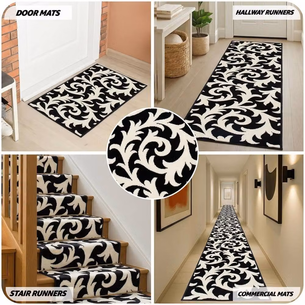 Bravich LTD Filigree Floral Non-Slip Low Pile Hallway Runner Rug in Black, W: 60 cm, L: 450 cm – 7