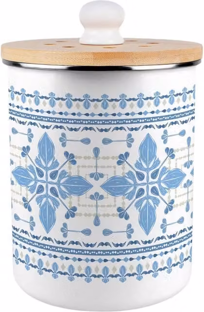 Purely Home Blue Folk Tile Metal Food Waste Caddy with Flip Lid, 2L