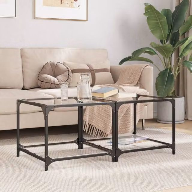 Berkfield Home Set of 2 Modern Square Coffee Tables with Transparent Glass Tops and Steel Frames, W/D/H: 50 x 50 x 40 cm