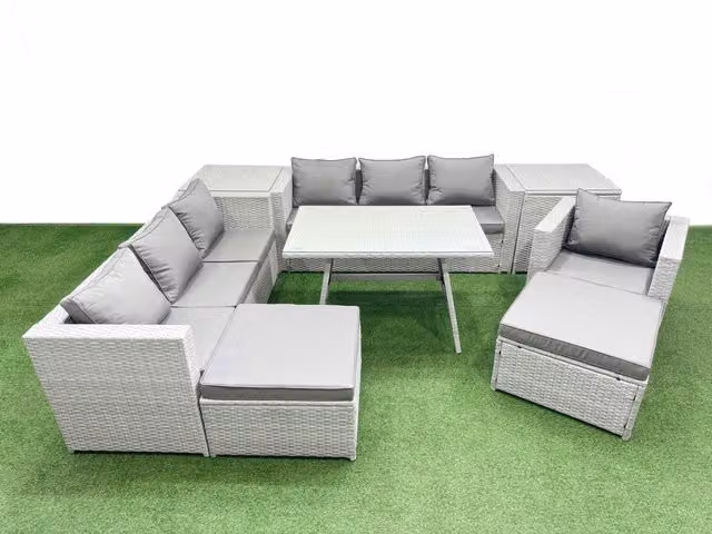 Fimous 9-Seater Patio Furniture Set in Light Grey featuring 3-Seater Sofa, Armchairs, 2 Side Tables and 2 Stools