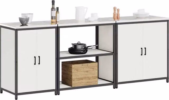 Berkfield Home Modern 3-Piece White Metal Kitchen Storage Set with Hinged Doors and Open Shelves