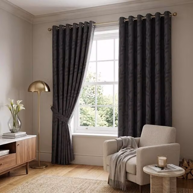 Luxury Living Jacquard Leaf Ring Top Curtains in Charcoal Grey, Width: 117 cm, Drop: 137 cm