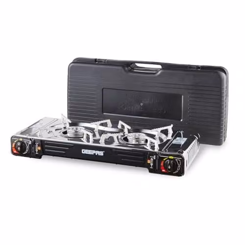 Geepas Double Burner Portable Butane Gas Stove with Carry Case, Black Stainless Steel Tabletop Cooker – 1