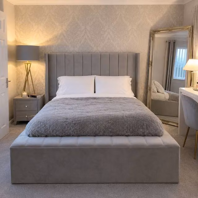 Stratus Interiors Ambassador Wingback Platform Bed with Gas Lift Storage in Grey, W/D/H: 180 x 200 x 188 cm