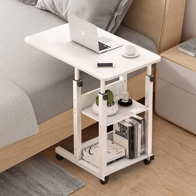 Living and Home 3-tier Height Adjustable Mobile Overbed Desk with Wheels in White – 1