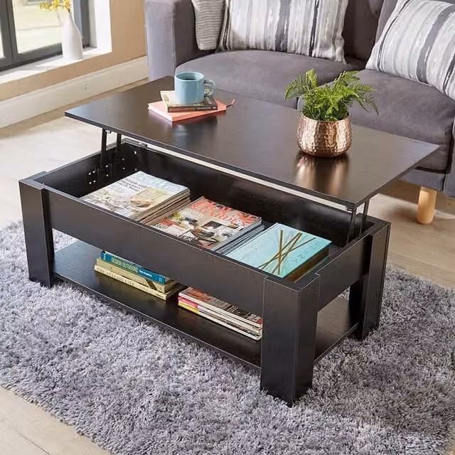Home Source Orlando Black Lift-Up Coffee Table Storage Unit with Matt MDF Laminate Finish