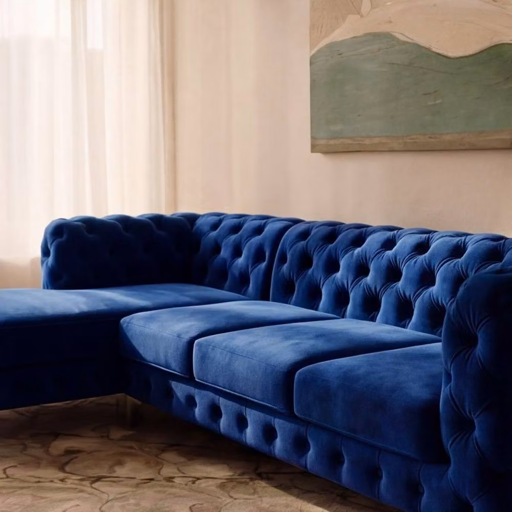 Sofaya Monaco Chesterfield 4 Seater L-Shaped Sofa in Blue Velvet with Left Hand Chaise – 2