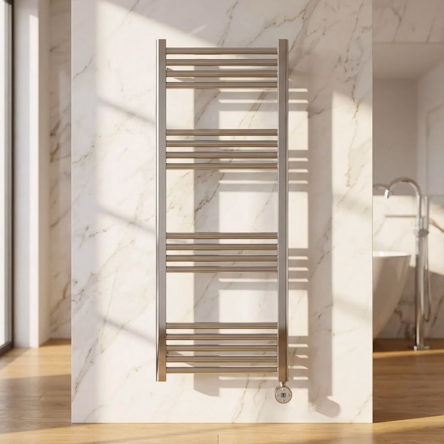 Balterley Electric Round Tube Towel Rail with 17 Bars, W: 120 cm, H: 50 cm, Silver Chrome – 3