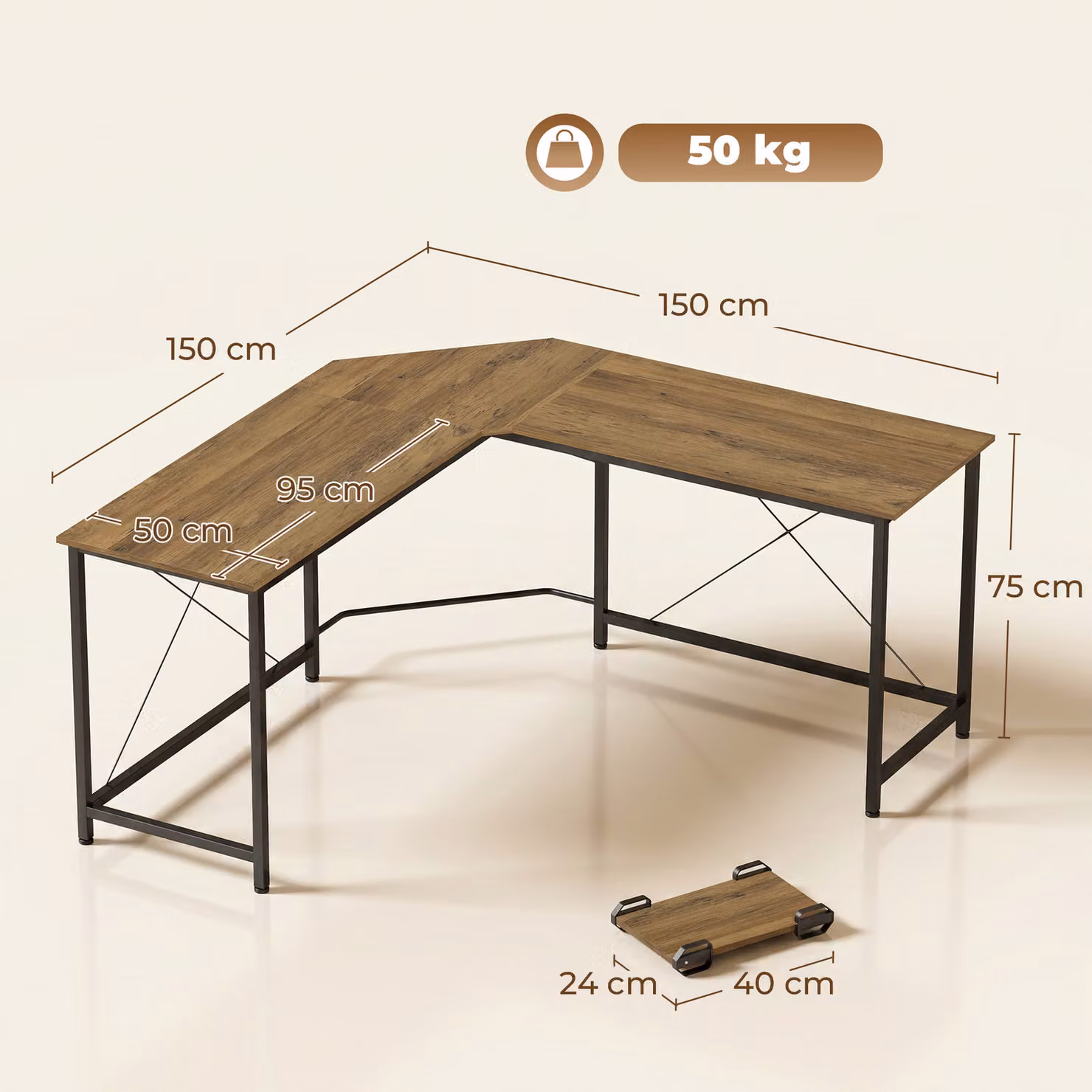 HOMCOM Brown L-Shape Corner Computer Desk for Home Office and Gaming – 3