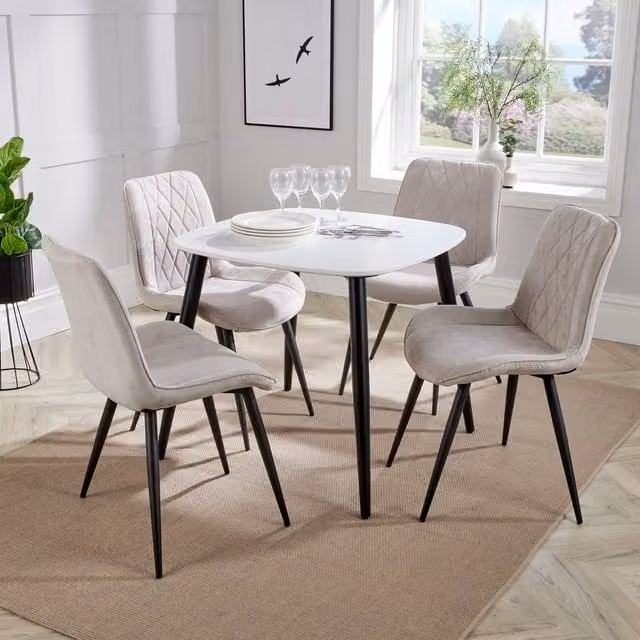 Core Products Ltd Aspen Square White Table and 4 Straight Stitch Fabric Chair Set in Black and White