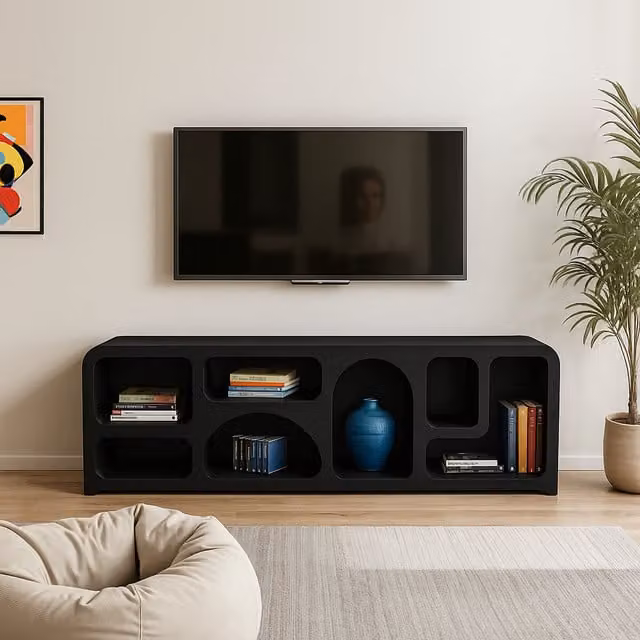 IH Design Otis Geometric Large TV Cabinet in Matt Black, W: 150 cm, H: 150 cm