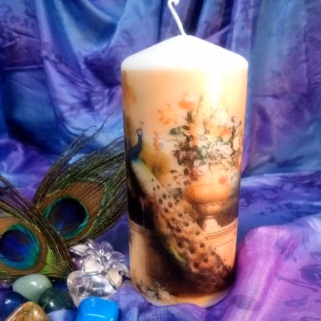 Viki White Peacock Pillar Candle