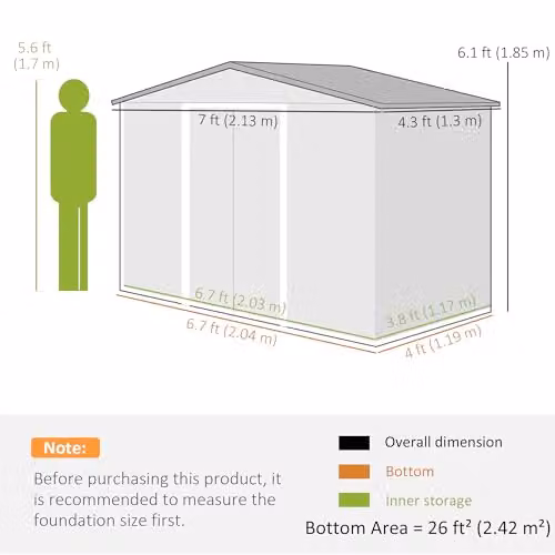 Outsunny Metal Garden Shed in Grey with Foundation Kit, Double Doors and Side Vents – 6
