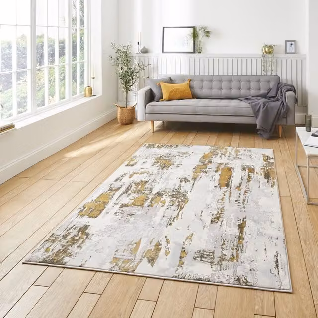 Terrys Modern Abstract Machine Woven Rectangular Rug in Grey and Gold