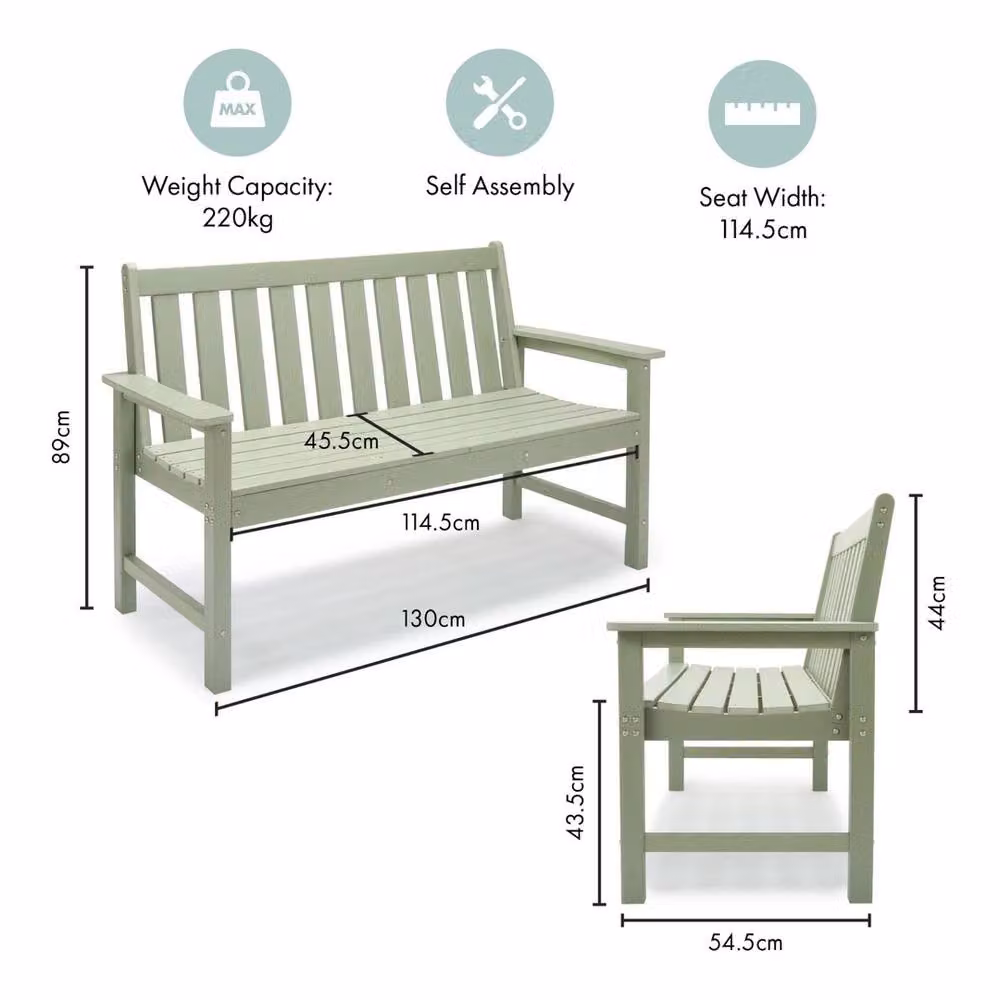 NESTLUNE 2 Seater Garden Bench in Sage Green HDPE Plastic, W: 100 cm, D: 15 cm – 2
