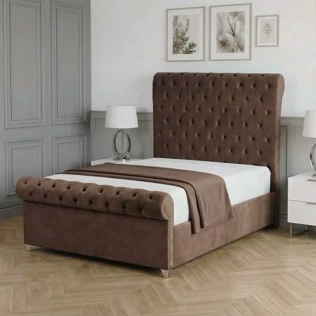 Living Comfort Bedz Regency Sleigh Upholstered Slatted Base Bed in Brown, Size: King (180 x 200 cm)