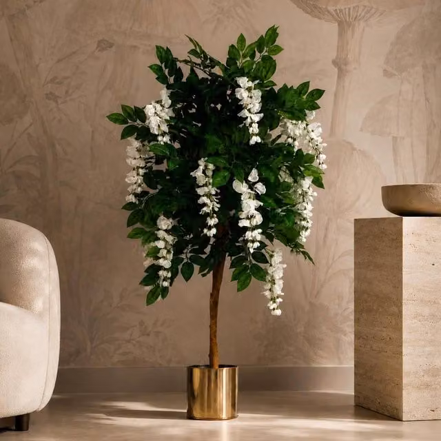 Leaf 130cm Artificial Wisteria Tree with White Flowers and Gold Planter in Green – 1