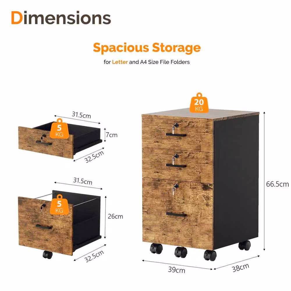 EONLION Brown Wooden 3-Drawer Rolling File Cabinet with Castors – 2