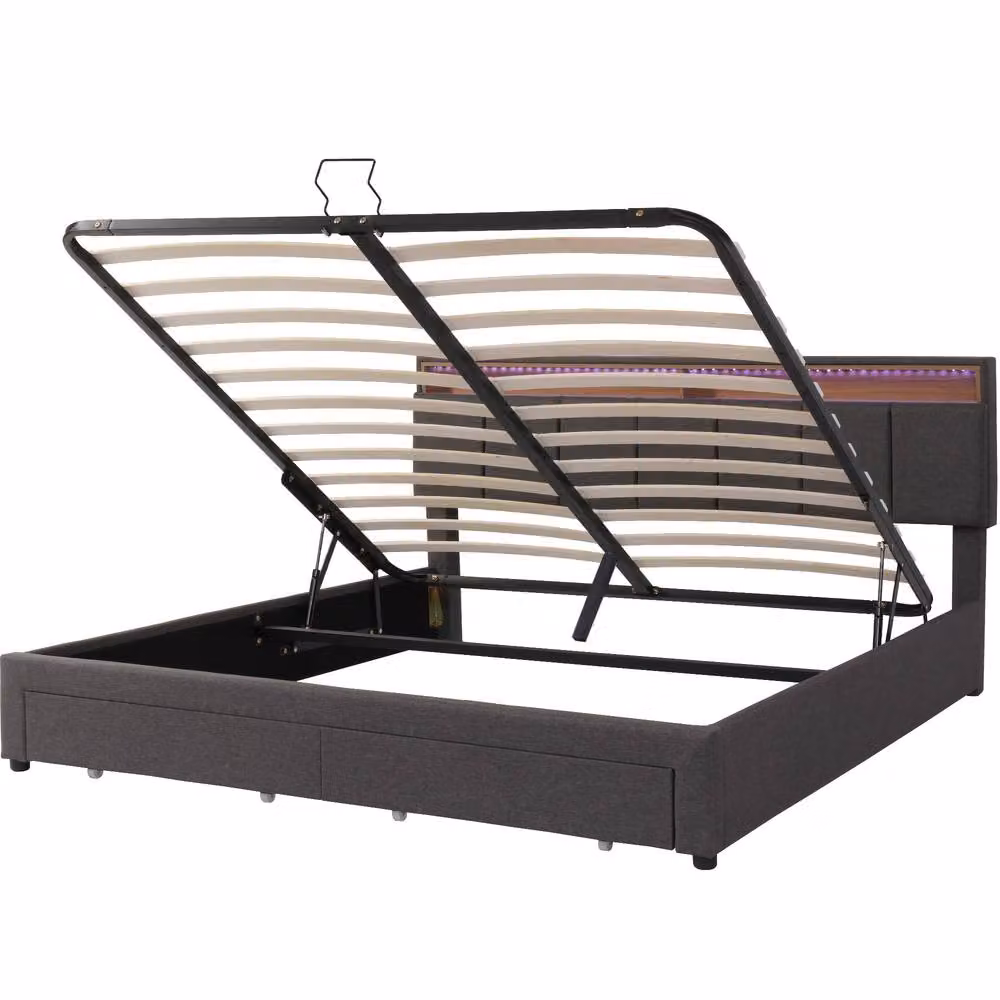 Matteo Super King Upholstered Bed with LED Lighting and Lift Up Base in Grey Linen, W/D/H: 180 x 200 x 102 cm – 6